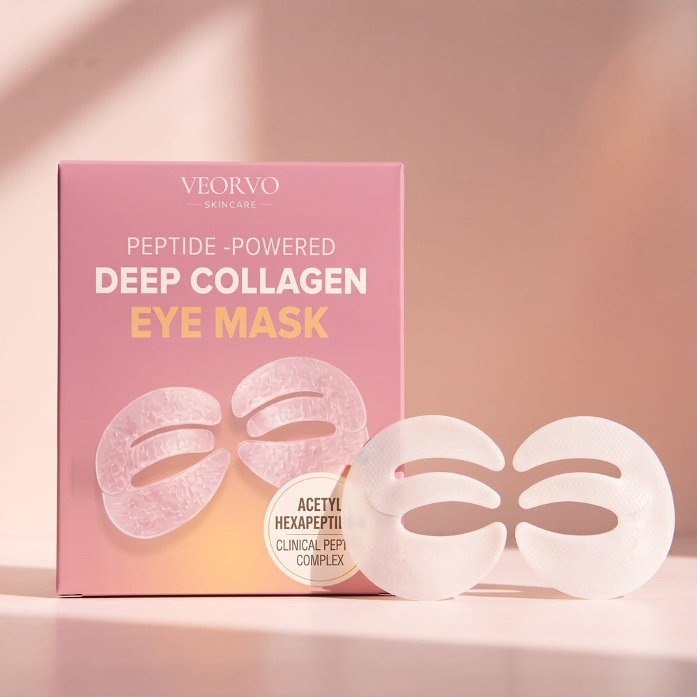 The pink Deep Collagen Eye Mask box with the white honeycomb masks
